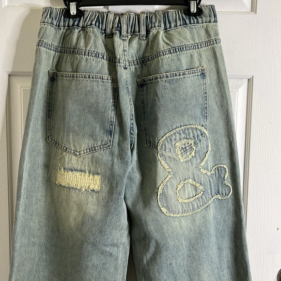 Oli & Hali Love Patch Wide Leg Baggy Denim Pants size Large Boho Distressed NWOT - Picture 9 of 13